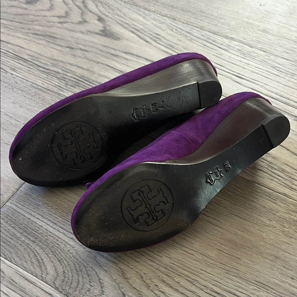 Tory Burch Suede Wedge Pumps with bow and logo charm